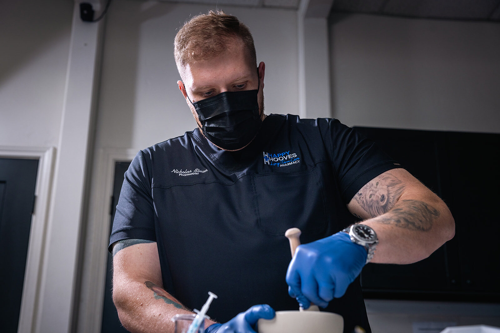 Compounding pharmacist at work, photographed for brand content